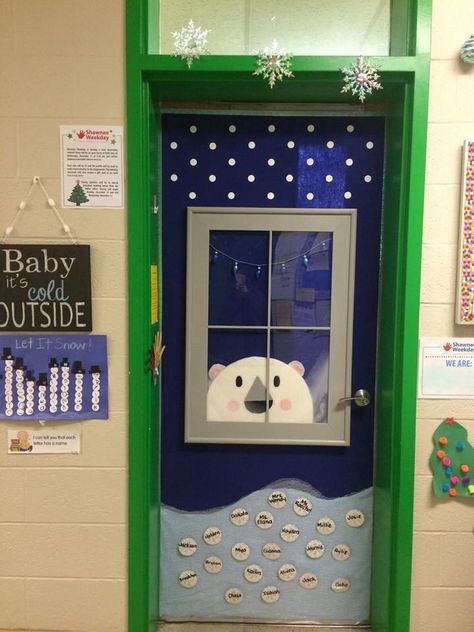 This is my preschool classroom door. My hubby built the frame of the window and put plexiglas for the window. He cut the bear out of High R sheeting and I covered the bear with batting. I used felt shapes as the elements of the bear. The light and dark blue are felt. The bottom "snow" is tulle. Holiday Classroom Doors, Room Door Ideas, Winter Classroom Door, Classroom Door Decorating, Door Decorations Classroom Christmas, Holiday Door Decorations, Christmas Door Decorating Contest, Christmas Classroom Door, Winter Door Decorations