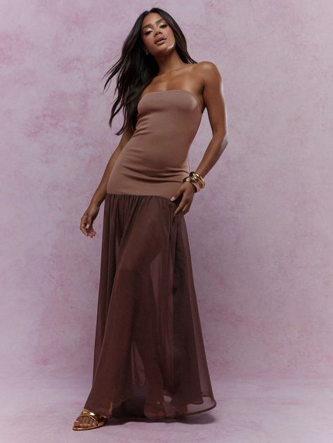 MISSGUIDED Sheer Long Ruffle Hem Jersey Bandeau Maxi DressI discovered amazing products on SHEIN.com, come check them out! Brown Ruffle Dress, Brown Maxi Dress, Brown Maxi Dresses, Bandeau Maxi Dress, Womens Casual Outfits, Wearing Dress, Ruffle Dress, Ruffle Hem, Women Clothing