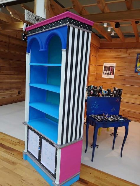 Painted Bookcase, Painting Bookcase, Whimsical Painted Furniture, Whimsical Furniture, Ikea Shelves, Funky Furniture, Funky Painted Furniture, Furniture Makeover Diy, House Inspo