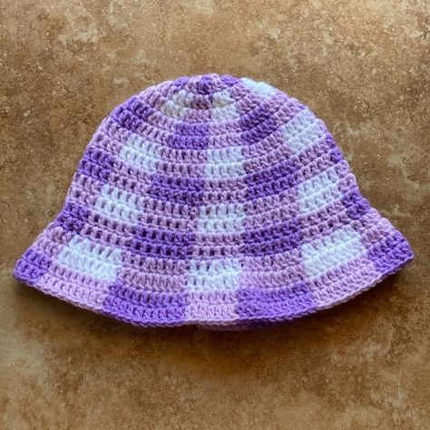 New Handmade Women Crochet Plaid Bucket Hat (Sun Hat) Color Purple Plaid Bucket Hat, Crochet Plaid, Crochet Bucket Hat, Plaid Design, Handmade Accessories, Sun Hat, Acrylic Yarn, Sun Hats, Color Purple