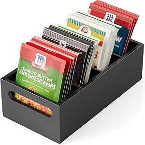 DRASTAR Pantry Organization and Storage Bins, Seasoning Packet Organizer with Removable Dividers,Wooden Storage Caddy for Kitchen, Pantry, Cabinet, Countertop, Black Wooden Pantry, Kitchen Cabinet Organizer, Pantry Organizer, Kitchen Storage Hacks, Pantry Organizers, Storage Caddy, Cabinet Organizer, Compact Kitchen, Pantry Shelf