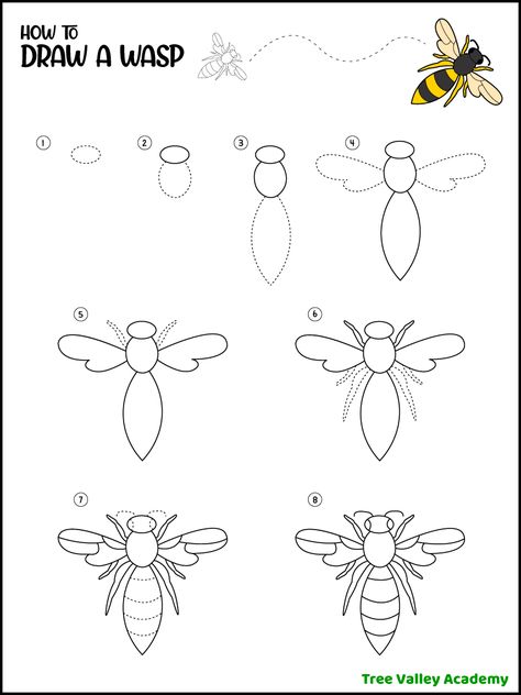 Easy step by step instructions on how to draw a wasp. 7 simple steps. Free printable one page pdf. Step By Step Nature Drawings, How To Draw A Beetle Step By Step, How To Draw A Dragonfly Step By Step, How To Draw Bugs Step By Step, How To Draw A Bee, How To Draw Step By Step Easy, Bee Drawing Simple, Wasp Drawing, Wasp Art