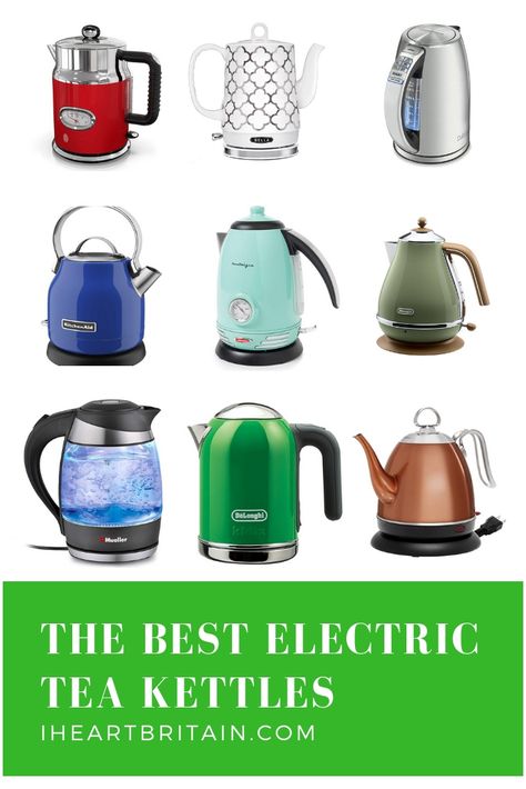 The Best Electric Tea Kettles for Tea Lovers - everything from vintage tea kettles to modern electric tea kettles to very basic cordless tea kettles. I do love a good afternoon tea, and I never miss my elevenses!  #teatime #tea #afternoontea #ilovetea #britishlife #british #tealovers #teadrinkers #teakettles Best Electric Tea Kettle, Electric Tea Pot, Electric Tea Kettle Station, Electric Kettles, Electric Tea Kettle Aesthetic, Tea Kettles, Tea Kettle Aesthetic, High Tea Food, Vintage Tea Kettle