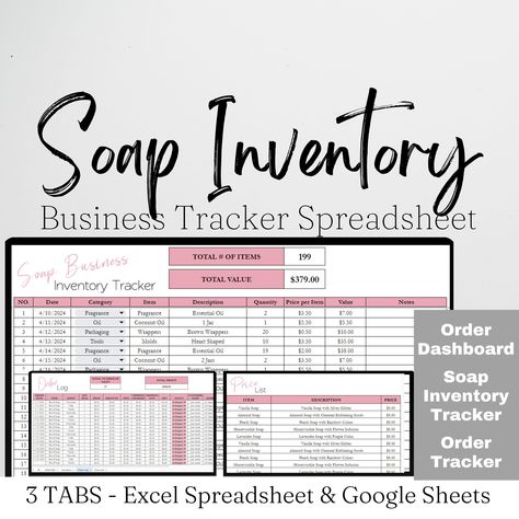 Soap Business Template, Inventory Template, Business Inventory Tracker, Soap Making Google Sheets, Inventory Management, Inventory Sheet Soap Making Business, Inventory Spreadsheet, Inventory Sheet, Inventory Template, Inventory Tracker, Business Inventory, Business Tracker, Soap Business, Excel Spreadsheets Templates