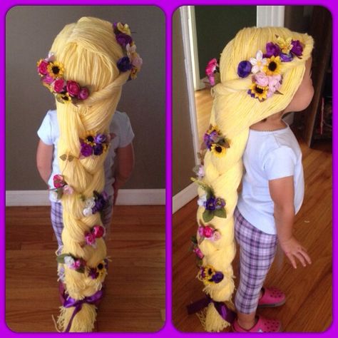 Yarn Wig Diy, Halloween Costume Girl, Rapunzel Wig, Yarn Wig, Rapunzel Birthday Party, Rapunzel Costume, Hair Yellow, Rapunzel Party, Yellow Yarn