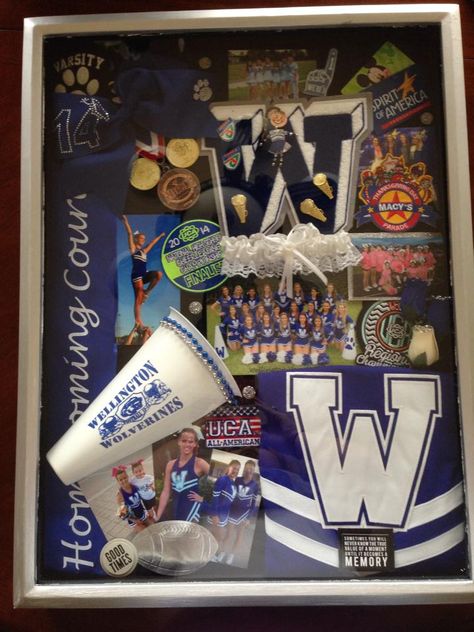 High School cheerleading shadow box, wellington, whs, blue, silver, white, megaphone, uniform, pins, photos, medals Senior Shadow Box Ideas Sports, Cheerleader Shadow Box Ideas, Cheerleading Shadow Box Ideas, High School Shadow Box Ideas, Cheer Uniform Shadow Box Ideas, Volleyball Shadow Box Ideas, Cheer Shadow Box Ideas, Uniform Shadow Box Ideas, Cheer Uniform Shadow Box