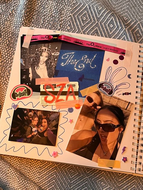 sza scrapbook page + Jess Ball Personal Scrapbook Page Ideas, First Scrapbook Page Ideas, Scrapbook Ideas Concert, Teen Life Scrapbook Ideas, Photo Journal Ideas Memories Scrapbook, Teen Scrapbook Ideas, Concert Scrapbook Ideas, Best Friend Scrapbook Ideas, Scrapbook Ideas For Friends