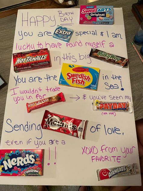 Funny Birthday Candy Poster, Candy Board Ideas Birthday, Birthday Board With Candy, Candy Bar Signs For Birthday, Candy Letters Birthday, Candy Poster Board Birthday Best Friend, Candy Birthday Board, Happy Birthday Posters Ideas, Chocolate Bar Message Board