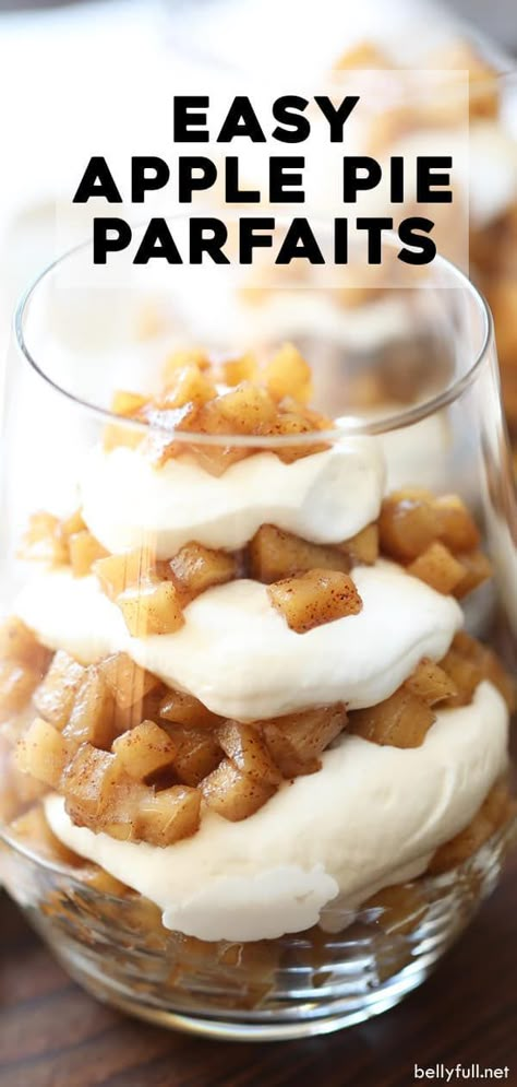 These Apple Pie Parfaits have layers of caramelized apples and homemade whipped cream. An easy and delicious treat for the Fall season or all year round! #applepie #applepiefilling #parfaits Fall Parfait Breakfast, Apple Parfait Desserts, Apple Pie Parfait Desserts, Apple Pie Inspired Desserts, Thanksgiving Parfait Desserts, Apple Pie Parfait, Apple Parfait, Blackberry Muffins, Recipes Apples