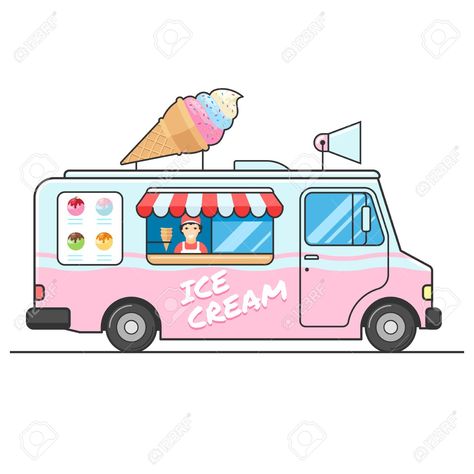 Food Delivery Design, Truck Side View, Side View Illustration, Van Drawing, Delivery Design, View Illustration, Ice Cream Van, Flat Design Illustration, Ice Cream Truck