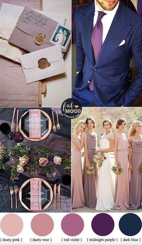 Three Color Wedding Theme, Purple Colour Scheme Wedding, Dusty Purple Fall Wedding, Navy Wedding Colors Fall Colour Palettes, Navy And Mauve Wedding Colors, Purple Wedding Palette Color Schemes, Navy Blush Lavender Wedding, Dusty Rose Gold And Navy Blue Wedding Theme, Purple Scheme Wedding