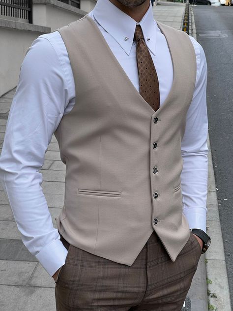 NEW COLLECTİON - FW / 23Collection: Fall / Winter - 23Production: Private Collection Slim-fit Wool Beige Men’s WaistcoatProduct color: BEİGEProduct material: %40 Wool , %30 Viscon , %25 Polyester , %5 ElestanProduct details: The waistcoat is adjustable from the back.Product care: Dry clean onlyProduct size: 48-50-52-54-56-58Package İncluded : Waistcoat Dimensions of the mannequin: 185cm / 78kg , Size : 50EU / 40US Beige Waistcoat Outfit, Mens Vest Outfits, Waistcoat Designs For Men, Outfit With Vest, Men Formal Outfit, Men Vest Outfits, Vest Outfits Men, Waistcoat Outfit, Men Waistcoat