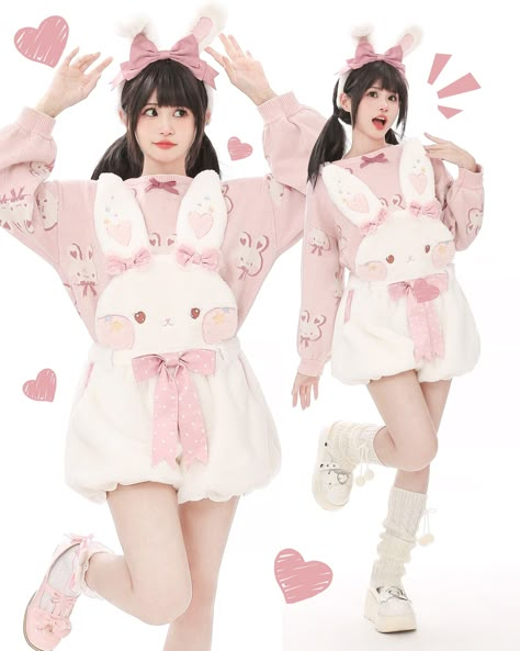 Super cute winter fleece overall shorts and skirts! 🐤🐇🧸 Now available for preorder. Find them here: https://www.devilinspired.com/to-alice 🐧 Stay tuned, the penguin version is coming soon! #kawaii #cutecore #kawaiifashion #cuteclothes Bubble Shorts, Bunny Backpack, Rabbit Clothes, Shorts Design, Kawaii Cutecore, To Alice, Bunny Outfit, Comfy Wear, White Bunny