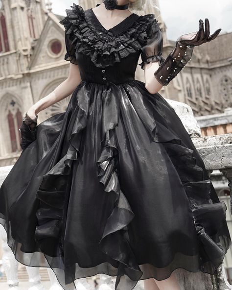 🖤💛Black or beige? 👗Elegant Lolita dress with ruffles v-neck cascading ruffle trim design. 👉Search 'WITHP-485' for black, 'WITHP-083' for beige on devilinspired.com #devilinspired #elegantdress #eglcommunity #classicdress #lolitacoord #lolitafashionstyle Luxury Gothic Dress With Ruffles, Luxury Gothic Victorian Dress With Ruffles, Luxury Black Victorian Dress With Ruffles, Pastel Goth Dresses With Ruffles, Dark Lotila Fashion, Odd Fashion, Punk Dress, Dress Design Sketches, Classic Dress