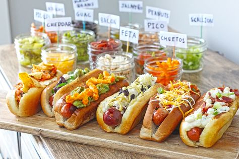 Hot Dog Party Food, Hot Dog Station, Hot Dog Bar Ideas, Party Food List, Dog Party Food, Hot Dog Party, Beautiful Cheese Board, Hot Dog Bar, Hosting Ideas