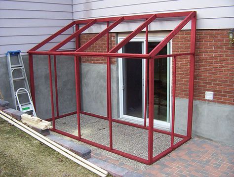 DIY temporary sun room ... with plastic shower curtain "windows" - EcoRenovator Sunroom Windows, Garden Room Extensions, Plastic Shower, Plastic Shower Curtain, Patio Enclosures, Room Extensions, House Extension Design, Greenhouse Plans, Glass Room