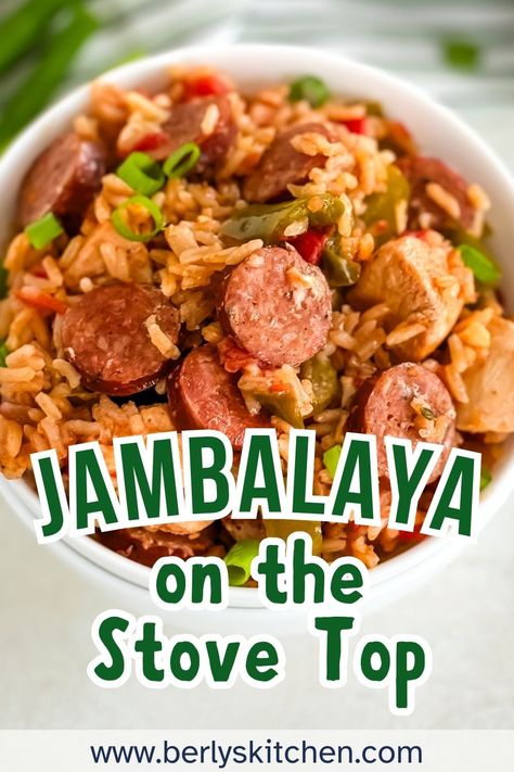 a bowl of chicken and andouille sausage jambalaya. Stove Top Jambalaya Recipe, Andouille Sausage Jambalaya, Chicken And Sausage Jambalaya Recipe, Jambalaya Recipe Crockpot, Chicken Andouille Sausage, Sausage Jambalaya Recipe, Andouille Sausage Recipes, Spicy Chicken Pasta, Creole Chicken