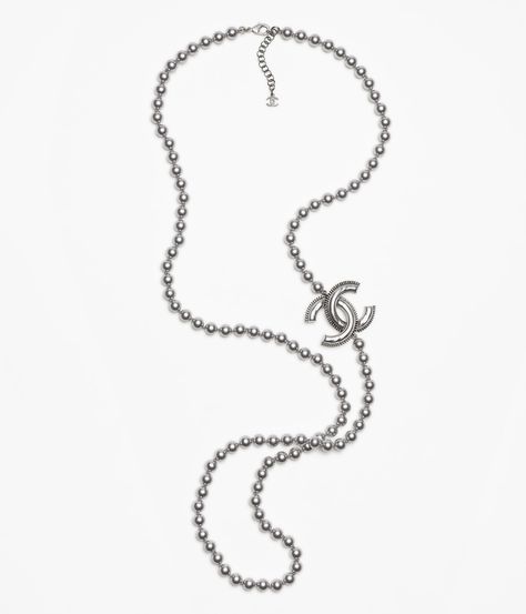 Long necklace - Metal, resin & glass pearls, silver & pearly gray — Fashion | CHANEL Luxury Long Pearl Necklace, Luxury Long Necklace With Pearl Pendant, Luxury Pearl Long Necklace With Chain, Chanel Long Necklace, Chanel Pearl Necklace, Luxury Gray Pearl Necklace, Chanel Pearls, Chanel Necklace, Chanel Official Website