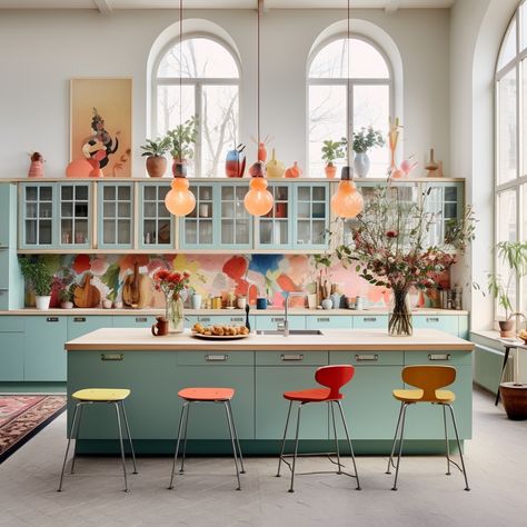 Colorful Ikea Kitchen, Colorful Scandinavian Kitchen, Boho Open Kitchen, Artsy Kitchen, Bright Modern Kitchen, Vibrant Kitchen, Rainbow Kitchen, Colourful Kitchen, Spring Interiors