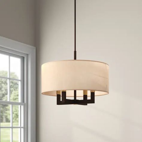 Three Posts™ Lariviere 4 - Light Shaded Drum Chandelier & Reviews | Wayfair Drum Chandelier Dining Room The Home Depot, Drum Chandelier Dining Room, Lights Over Dining Table, Drum Pendant Lighting, White Chandelier, Ash Gray, Happy House, Drum Chandelier, Livex Lighting