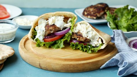 Greek Turkey Burgers Recipe - Food.com Greek Style Lamb, Lamb Pita, Lamb Sandwich, Greek Pita Bread, Lamb Patties, Burgers Recipes, Greek Turkey, Turkey Patties, Greek Turkey Burgers