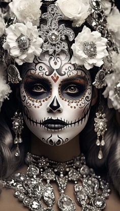 Mexican Skull Makeup, Sugar Skull Art Drawing, Skull Artwork Illustrations, Spanish Pictures, Day Of The Dead Mask, Dia De Los Muertos Decorations Ideas, Halloweenský Makeup, Black And White Makeup, Sugar Skull Artwork