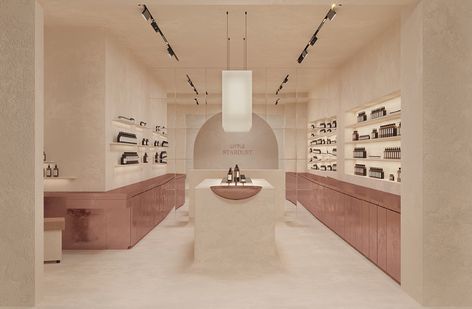 Cosmetics store 80 on Behance Inteior Design, Wabi Sabi Interior Design, Pharmacy Decor, Wabi Sabi Interior, Cosmetics Store, Interior Design Guide, Store Interiors, 3d Studio, Cosmetic Shop