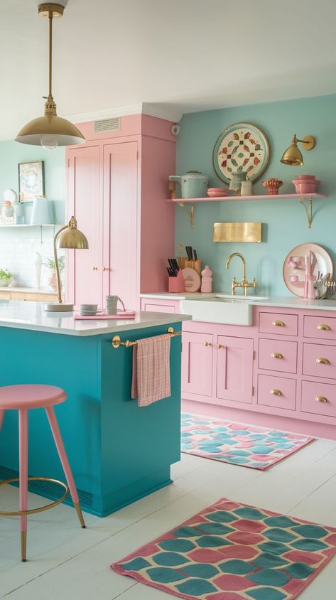 Dopamine Kitchen, Pink And Blue Kitchen, Pink Retro Kitchen, Pastel Kitchen Decor, Maximalist Kitchen, Cozy Farmhouse Bedroom, Retro Kitchen Accessories, Vibrant Kitchen, Honey Oak Cabinets