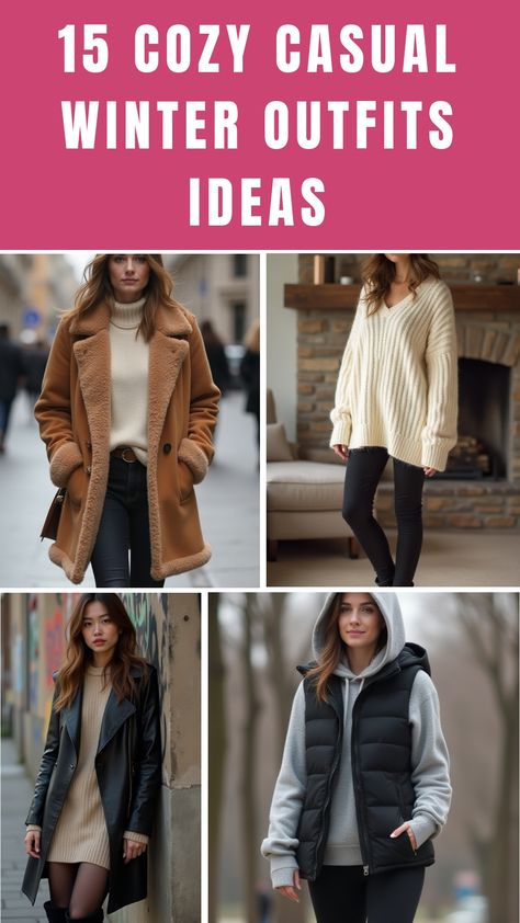 15 Cozy Casual Winter Outfits Ideas Winter Outfits For Outdoors, Casual Park Day Outfit Winter, Sherpa Hoodie Outfit Women, Winter Outfit Inspiration Casual, Shacket Winter Outfit Women, Cute Winter Outfits Sweaters, Winter Desert Outfits Women, Cutest Winter Outfits For Women, Short Women Outfits Winter