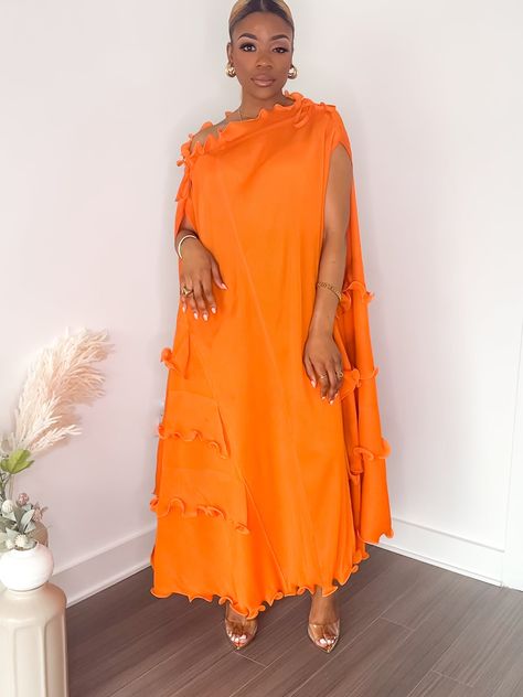 Orange Dress Outfits, Gown For Pregnant Women, Ruffle Dress White, Orange Evening Dresses, Ruffle Dress Black, Evening Dress Outfit, Loose Long Dress, Boubou Styles For Women, Modest Dresses Fashion