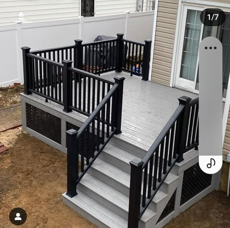 Gray Porch With Black Railings, Black And Grey Deck, Black And Gray Deck Ideas, Gray And Black Deck, Outdoor Deck Inspiration, Grey Porch Ideas, Backyard Small Deck Ideas, Black Deck Ideas, Outdoor Deck Color Ideas