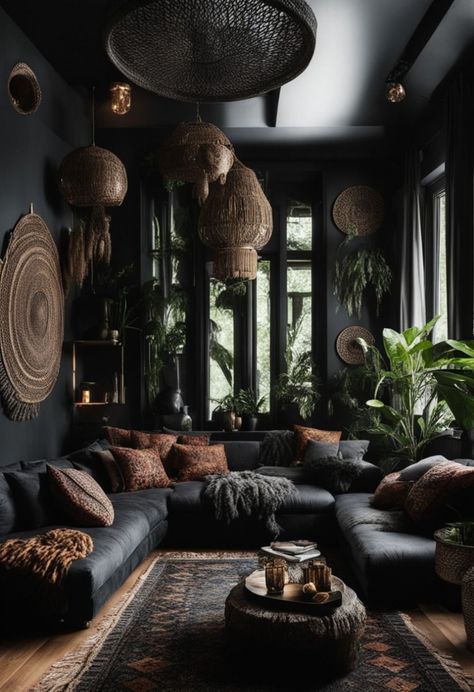 Apartment Decorating Moody, Moody Coastal Decor, Dark Boho Style, Edgy Home Decor, Moody Apartment, Gothic Boho Home Decor, Dark Boho Decor, Maximalism Home, Dark Maximalism