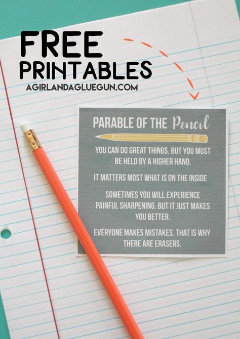 Parable of the Pencil Printable - A girl and a glue gun #freeprintable #school Pencil Printable, Pencil Crafts, School Preparation, Teacher Appreciation Printables, Everyone Makes Mistakes, Create Your Life, Family Home Evening, Teacher Printable, Love Free