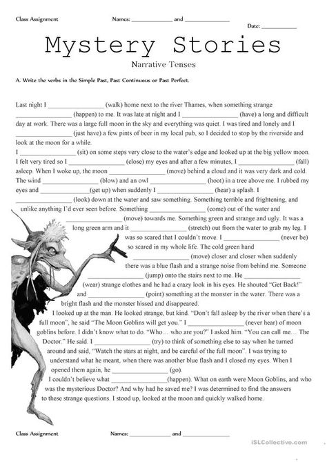 Mystery Stories Stories English, Mystery Story, English Grammar Exercises, English Teaching Materials, Grammar Exercises, English Exercises, Teaching English Grammar, English Grammar Worksheets, Mystery Stories