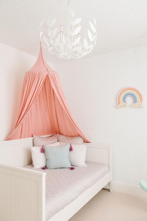 Daybed Canopy Ideas, Canopy Over Daybed, Rorys Room, White And Pink Bedding, Daybed With Canopy, Canopy Daybed, Pink Canopy, Twin Canopy Bed, Iron Canopy Bed