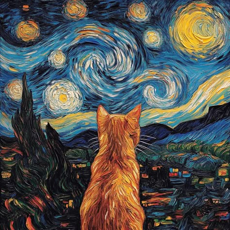 A cat hidden in the starry night painting of Vincent van Gogh Van Gogh Illustration Art, Starry Night Pumpkin Painting, Halloween Van Gogh, The Starry Night Painting, Cat Starry Night, Starry Night Painting, Vincent Van Gogh Paintings, Cat Paintings, Arte Van Gogh