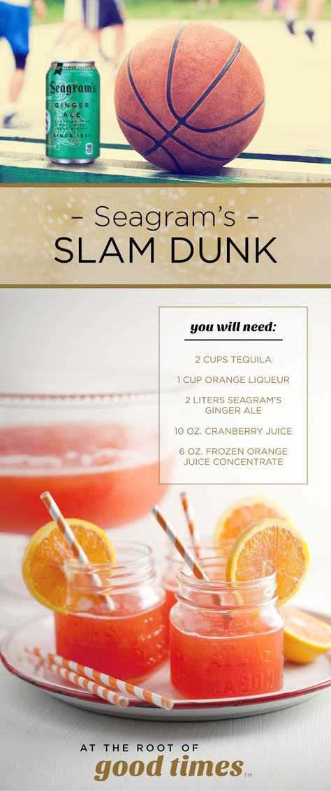 The Basketball Finals tip off today! Get your viewing party ready and mix up our SEAGRAM'S SLAM DUNK. With this delicious drink, your guests will definitely call you the MVP. 2 Cups Tequila 1 Cup Orange Liqueur 2 Liters Seagram's Ginger Ale 10 oz. Cranberry Juice 6 oz. Frozen Orange Juice Concentrate March Madness Cocktails, Orange Mixed Drinks Alcohol, Basketball Cocktails, Nfl Team Drinks, Sports Bar Cocktails, Orange Jubilee Drink, March Madness Party, March Madness Parties, Fourth Of July Drinks