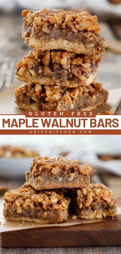 These Gluten-Free Maple Walnut Bars are the best Thanksgiving dessert recipe! These homemade dessert bars start with a shortbread crust, maple pie topping, and chopped walnuts. Add this dessert to your dinner party ideas! Chopped Walnut Recipes, Thanksgiving Dessert Gluten Free, Walnut Pie Bars, Walnut Bars, Walnut Desserts, Gluten Free Thanksgiving Desserts, Walnut Recipes Healthy, Walnut Recipes Dessert, Gluten Free Dessert Bars