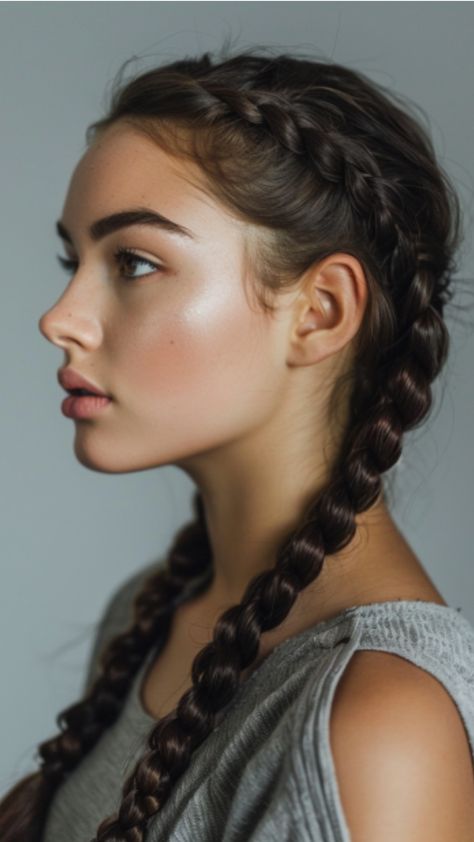 Person with long braided hair in profile, wearing a grey top against a neutral background.