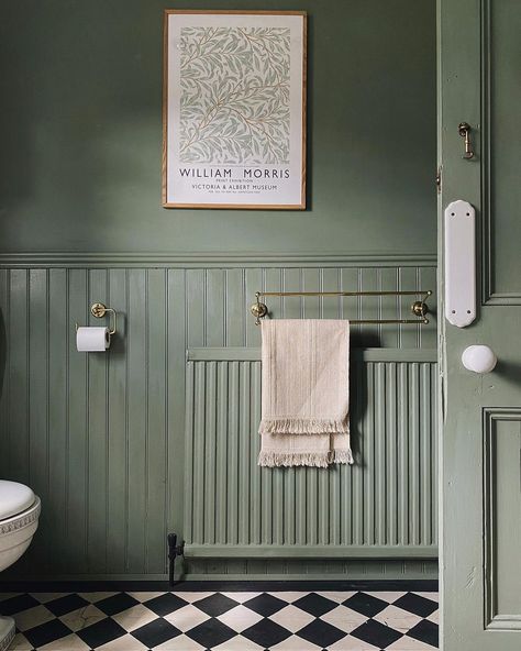 Green Small Bathrooms, Sandra Dieckmann, Painted Radiator, Sage Green Paint, Bathroom Paneling, Texture And Pattern, Small Toilet Room, Diy Bathroom Makeover, Downstairs Loo