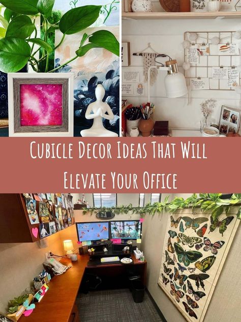 Best Cubicle Decor Ideas That Will Elevate Your Office - PinkPopDesign Boho Office Cubicle Decorating Ideas, Decorated Office Cubicles, Cubicle Wall Fabric, Cubical Office Decor Ideas, Decorate Cubicle At Work Cozy, Cubicle Gallery Wall, Relaxing Cubicle Decor, Small Office Cubicle Decor, How To Decorate Office Cubicle