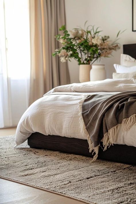 How To Place A Rug In A Bedroom: Positioning Guide Bedroom Rugs Under Bed, Rug Under Bed, Bedroom Rug Placement, Area Rug Placement, Simple Rug, Bed Placement, Rug Placement, Serene Bedroom, Layered Rugs