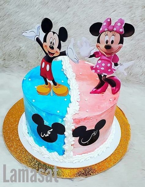 Disney Gender Reveal Ideas, Twin Cakes, Toper Cake, Disney Gender Reveal, Twin Boy And Girl, Barbie Doll Birthday Cake, Kitty Birthday Cake, Twin Birthday Cakes, Hello Kitty Birthday Cake