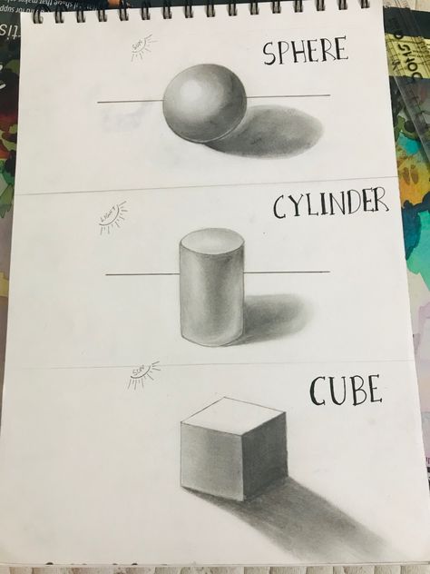 Cube Shadow Sketch, Drawing Using Shapes, Pencil Reference, Basic Sketching, Cylinder Lights, Teacher Projects, The Light Is Coming, Geometric Shapes Art, Cross Hatching