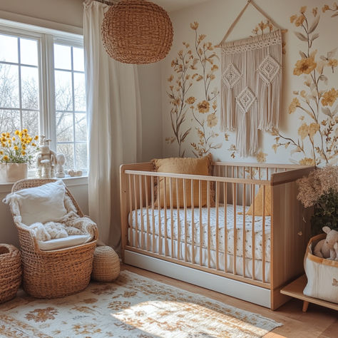 Classy Boho Nursery Decor Ideas Girl Themed Nursery, Vintage Boho Nursery, 2024 Nursery, Baby Girl Boho Nursery, Natural Baby Nursery, Boho Nursery Neutral, Bohemian Nursery Decor, Boho Floral Nursery, Boho Baby Girl Nursery