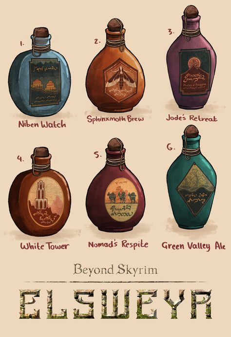 ArtStation - Anequina Regional Beer (Beyond Skyrim: Elsweyr), Hristina Sotirova Skyrim Painting, Skyrim Alchemy, Skyrim Vampire, Alchemy Ingredients, Skyrim Mod, Skyrim Mods, Beer Bottles, Substance Painter, Green Valley