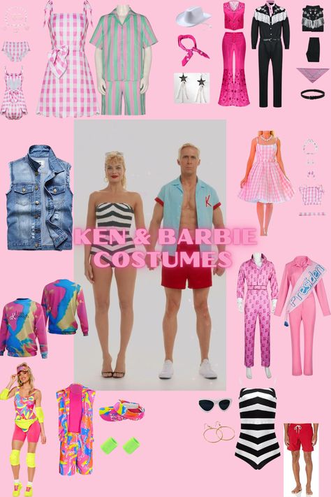 Barbie and Ken Costumes. Halloween Costumes for adults. Barbie And Ken Outfits Movie, Barbie And Ken Dress Up, Ken Barbie Outfit Ideas For Men, Ken Themed Outfits, Barbie And Ken Spirit Day, Diy Barbie And Ken Costume, Barbie Vs Oppenheimer Spirit Day, Halloween Costumes Barbie And Ken, Barbie And Ken Spirit Week