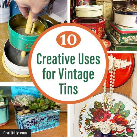 Get clever ideas to upcycle vintage tins into something new and useful! Gather up your tins and check out these unique and easy DIYs. Kitchen Utensil Decor, Diy Pouf, Vintage Booth Display, Vintage Tea Tins, Tin Planters, Vintage Metal Trays, Upcycle Vintage, Vintage Booth, Vintage Vignettes