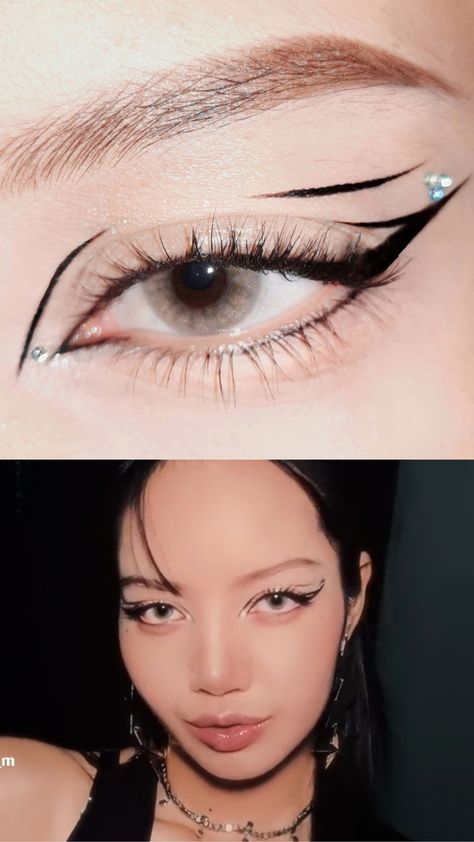 Ateez Makeup Inspired Concert, Lisa Eyeliner, Lisa Makeup Look, Rockstar Eye Makeup, Rockstar Makeup Ideas, Rockstar Makeup, Lisa Makeup, K Pop Makeup, Which Makeup