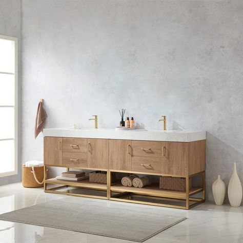 Wade Logan® Ahlani 84'' Free-standing Double Bathroom Vanity with Sintered Stone Vanity Top & Reviews | Wayfair 84 Inch Bathroom Vanity, Stone Countertop, Stone Bath, Double Sink Bathroom Vanity, Double Bathroom, White Countertops, Double Bathroom Vanity, Single Sink Bathroom Vanity, Oak Cabinets